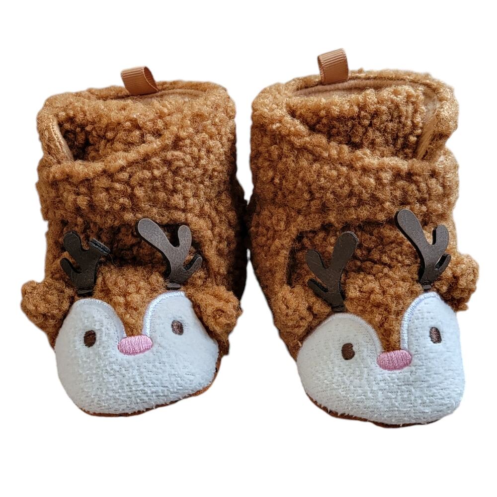 Cat & Jack Reindeer Slippers Sz 6/9M Brown Faux Fur Crib‎ Shoes Christmas Baby